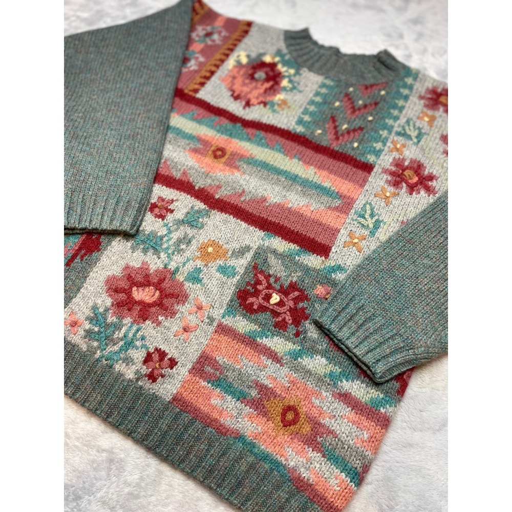 Vtg Eddie Bauer Womens 100% Wool Floral Sweater Size M Stripe Patchwork Design